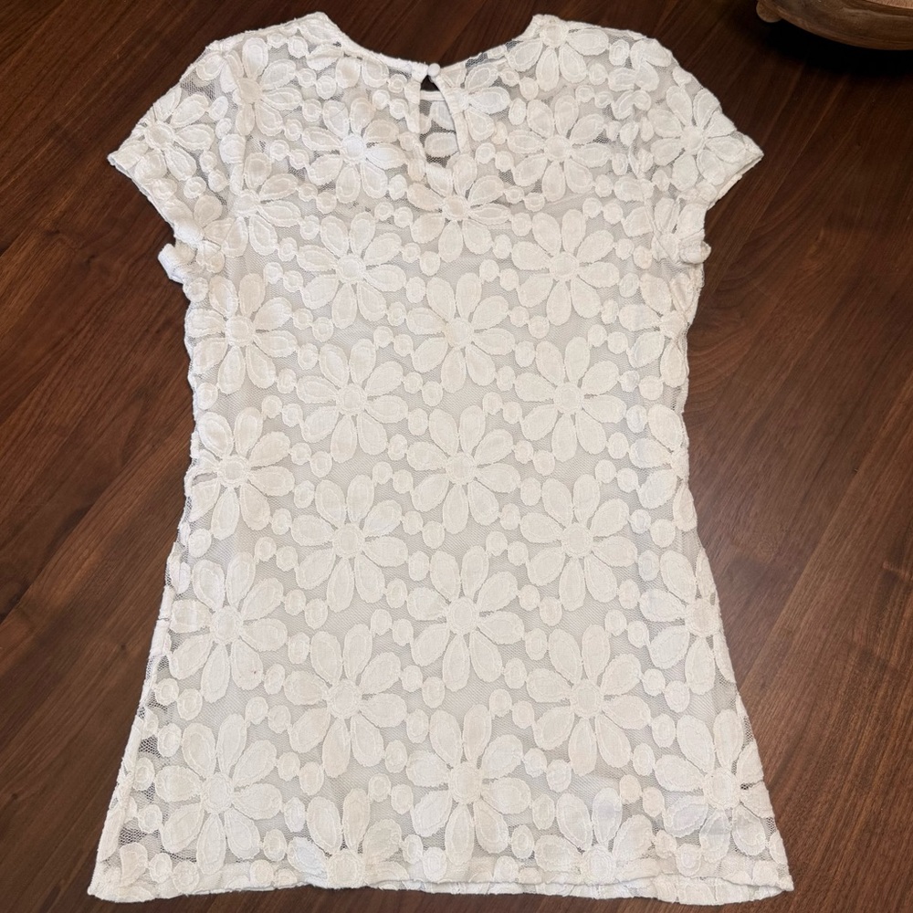 INC International Concepts White Floral Lace Overlay Short Sleeve Top - Picture 3 of 6